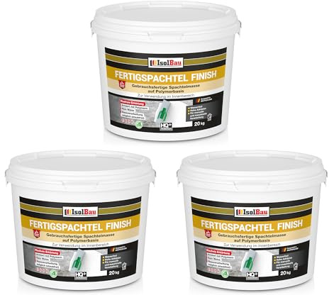 Isolbau Fertigspachtel Finish 60 kg, Glättspachtel Fugenspachtel, Gebrauchsfertige Polymer-Gips Fertig-Spachtelmasse für innen, Weiß Q1-Q11