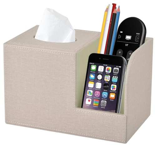 XNONE Kosmetiktücher Leder Taschentücher Box Quadratisches Tissue Box Organizer Serviette Taschentuchspender Halter mit Fernbedienung Aufbewahrungsbox für Kommode Badezimmer Autos Büro Dekor,Beige