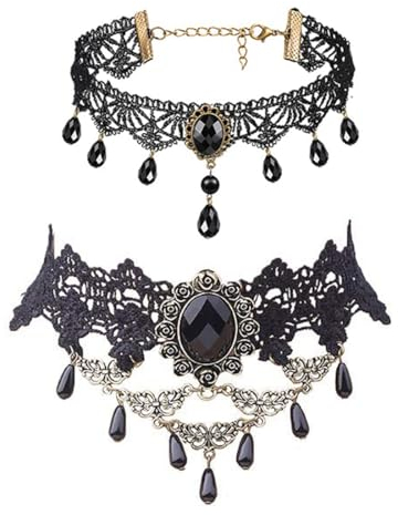 Gothic Halskette Set Schwarz Halsschmuck Damen Spitze Kette Damen Gotisch Choker Zubehör Vintage Halsband Victorian Schmuck für Halloween Pfingsten Maskerade Karneval Fasching Halloween Outfit,2 Stück