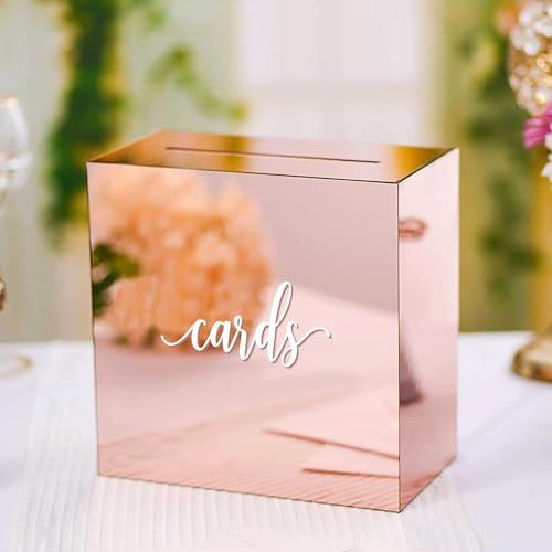 Laurel & Mason Mirrored Wedding Card Box, Acrylic Post Gift Box Large Envelope Letter Boxes with Sliding Top for Reception Anniversary Baby Shower Birthday Party (Rose Gold)