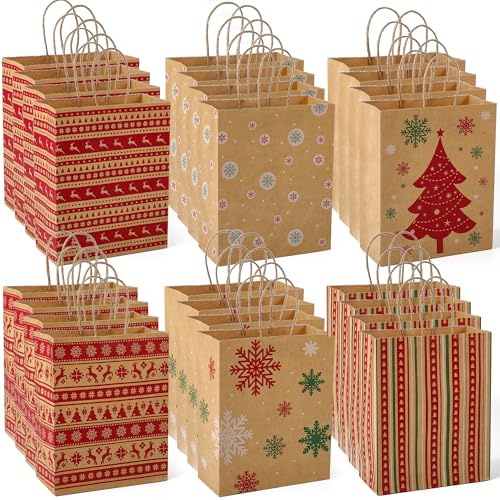 Switory 24 Stück Weihnachten Geschenktüten,Braune Papiertüten, 17×8×22cm | 6 Stil Weihnachten kleine Papiertüten mit Griffen für Weihnachten, Neujahr, Partys, Geschenke, Süßigkeiten und Mitbringsel
