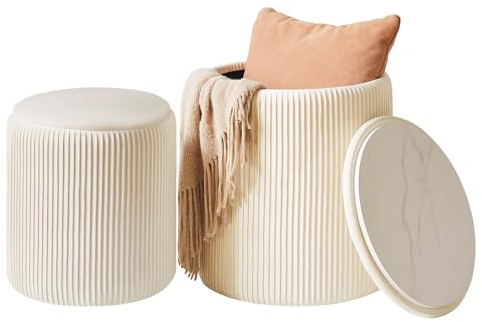 IBUYKE förvaringsottoman set med 2 runda ottoman för sovsal sminkpall med förvaring sammet fotstöd pall ände bord Boucle ottoman säte vit UWBD005W