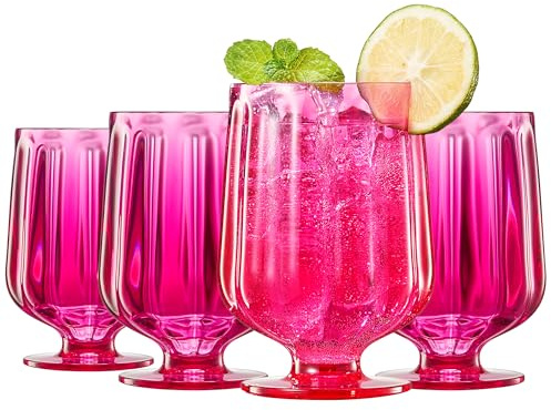 Khen 15oz Unbreakable Premium Drinking Glasses Set of 4 - Super Grade Acrylic Plastic - Perfect For Gifts - European Style Shatterproof BPA-free Glassware Dishwasher-Safe, Indoor & Outdoor (Hot Pink)