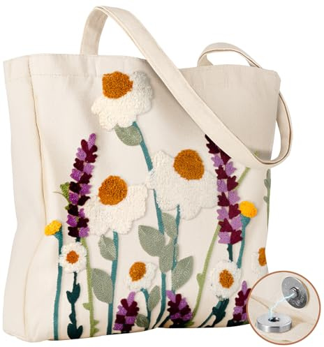 Miss Adola Aesthetic Embroidery Tote Bag for Women - Reusable Canvas Cloth Shoulder Bag with Cute 3d Wildflower Embroidered Designer Shopping Bag for Grocery, Work, Book, Vacation