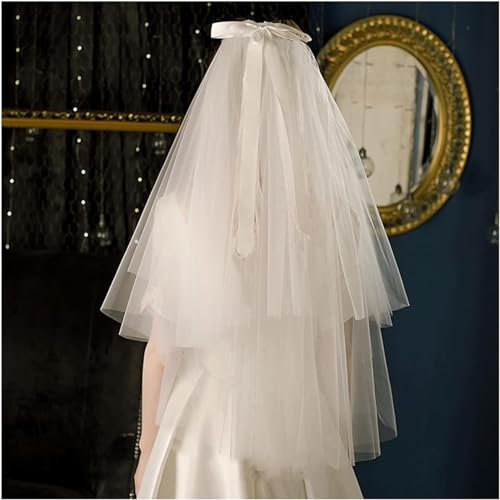 Rieort Brautschleier Hochzeitsschleier, Band, Schleife, zweistöckig, Cape-Schleier, Braut-Tüll für Damen, einfacher Umhang, Schal, kurzer Tüll-Party-Schulterschleier Anmut