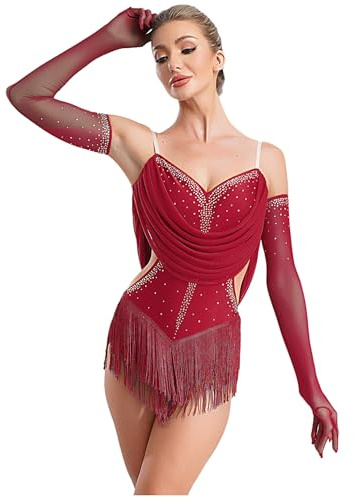 Freebily Abito da Ballo Latino Americano Donna con Nappe Strass Body Danza Classica Moderna con Guanti Balletto Leotards Costume da Danza Samba Rumba Salsa Sala da Ballo Rosso M