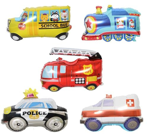5 Stück Schulbus Feuerwehrauto Zug Krankenwagen Polizei Folie Ballons für Kinder Auto themed Birthday Party Dekorationen