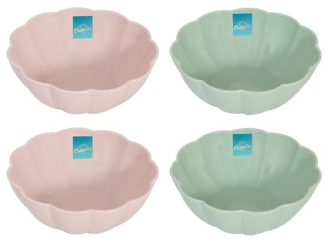 YöL Set of 4 Floral Edged Plastic Bowls Summer Dining Outdoor Picnic BBQ Blush Pink Sage Green Dessert Snacks Dips Cereal