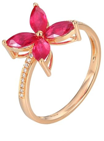 Skcess Bague pour femme en or rose 18 carats avec rubis rouge marquise avec rubis de 1,45 carats et diamant, 58 (18,5), Métal précieux, Rubis