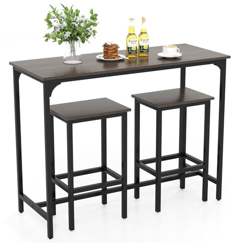 RELAX4LIFE Bartisch mit Barhocker-Set, Esstisch mit 2 Stühlen, Stehtisch mit Metallrahmen, Küchentresen mit Fußstütze, Küchentisch und Küchenstühle im Industrie-Design, Essgruppe für Küche (Grau)