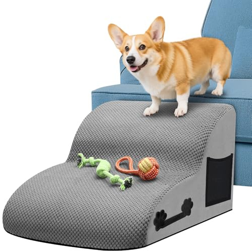 Hundetreppe für Kleine Hunde, 3 Stufen Haustiertreppe aus Hochdichtem Schwamm – Katzentreppe Hunderampe mit Waschbarem Bezug, Hundespielzeug Seil, Leicht und tragbar für Sofa, Bett, Auto