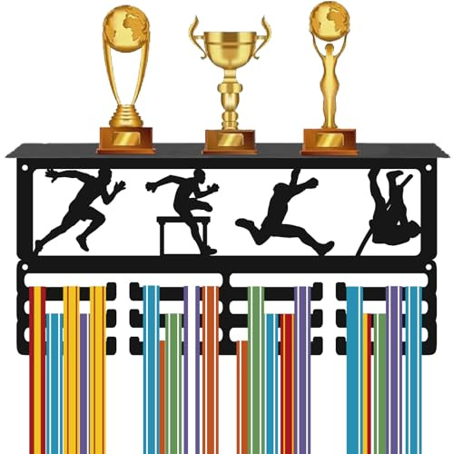 CREATCABIN Leichtathletik Medaillenhalter Trophäenhalter Regal Schwarzes Metall Wandhalterung Eisen Für 60+ Medaillen Auszeichnungen Bänder Organizer Präsentationsständer Für Sportler 40x20x10cm