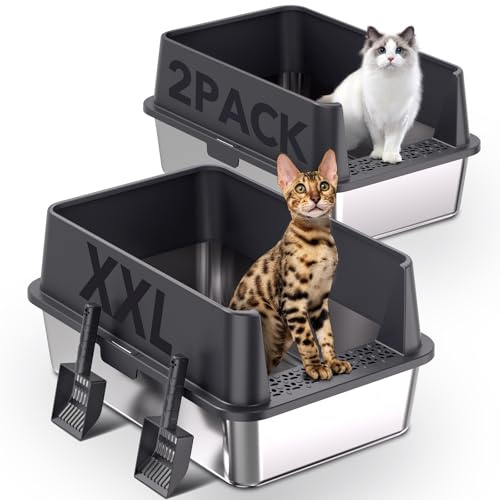 2er Set XXL Katzenklo Edelstahl 60×40×30 cm (37 L) – hoher Rand offene Katzentoilette Edelstahl für große Katzen & Mehrkatzenhaushalte, Metall Katzenklo geruchsfrei, auslaufsicher, inkl. Streuschaufel