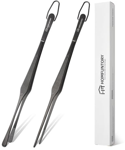Homfuntory Stainless Steel Cooking Tweezers, 10-Inch Precision Kitchen Tweezers with Star Dot Texture, Wider Grip & Elevated Tips | Galaxy Grip Series, 2 Pcs (Black)