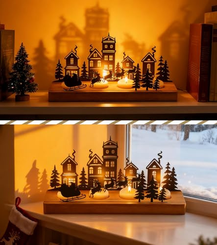 Kerzenhalter Adventskranz Modern, Advent Teelichthalter, Weihnachten Kerzentablett mit Metall Kerzentellern & Holz Kerzenständer, Adventsgesteck, Tisch Adventsdeko Weihnachtsdeko für Tischdeko