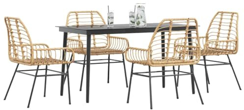 QJBSAVVA 5-Teiliges Gartenmöbel-Set aus braunem Poly-Rattan mit 140x70 cm Glas-Gartentisch und 4 Stühlen Modernes Balkonmöbel-Set für kleine Balkone Terrasse und Garten