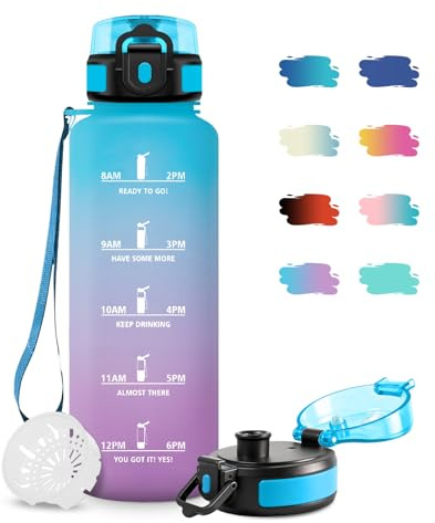 JAPORIA Gourde Sport 1.5L, Bouteille Sport Étanche, Gourde sans BPA, Gourdes avec Filtre et Marqueur de Temps, Gourdes pour Adulte, Bureau, Fitness, Randonnée, Yoga, Camping
