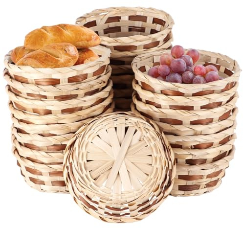 Skdqiee 24 Pcs Bamboo Bread Baskets, Small Round Woven Fruit Baskets, Handmade Food Serving Baskets, Food Storage Containers for Kitchen, Party, Camping, Decorative Gift Baskets for Display