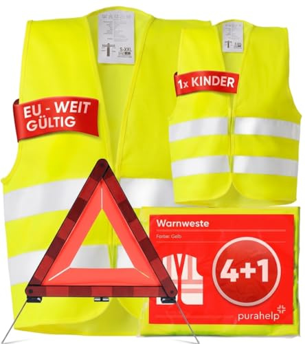 PURAHELP® Warnwesten Auto 5er 4+1 Set + Warndreieck | Europaweit gültig nach EN ISO 20471 - Reflektierende Warnweste