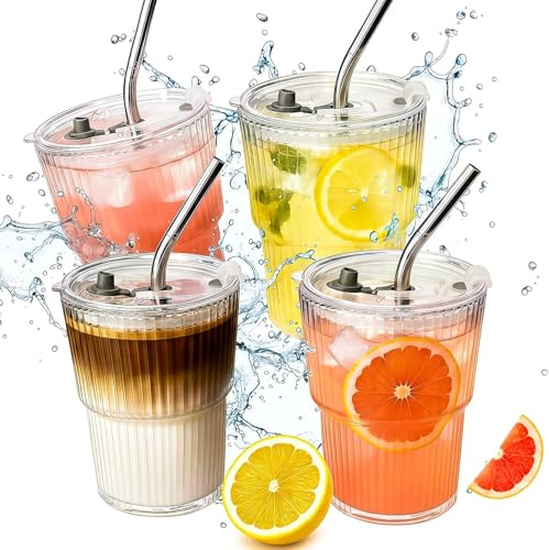380ml Ribbed Glass Tumblers with Lid and Straw, 4 Pack Iced Coffee Glasses | Clear Reusable Leakproof Tumbler Cup for Smoothies, Latte, Matcha, Beer, Cola, Juice, Soda, Cold Drinks (4)