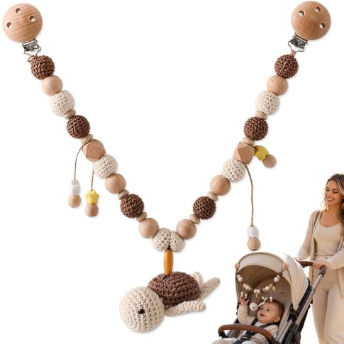 XEERUN Chaîne de poussette en bois et coton au crochet, chaîne de poussette pour bébé, Montessori nouveau-né, jouet de poussette pour nacelle, tortue