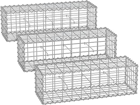 SONGMICS Gabion pour Pierre, Cage en Métal, Panier à Pierre, Maille 5 x 10 cm, Galvanisé, Mur, Paterre, Décoration de Jardin, 100 x 30 x 30 cm, Lot de 3, Argent GGB333V1