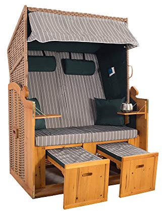 2-Sitzer Strandkorb Hörnum mit Fußablagen – inkl. Nackenkissen und Kuschelkissen Set - Ideal für Garten, Terrasse oder Balkon (Geflecht - Natur, Grün-Grau Nadelstreifen)