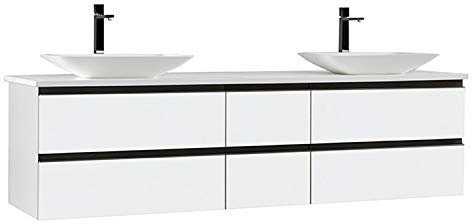 StoneArt Badmöbel Set Mineralguss Waschbecken Waschschale Aufsatzwaschbecken und Unterschrank Waschtisch Einzel- oder Doppelwaschbecken Monte Carlo MC-2000pro-1 weiß 200cm