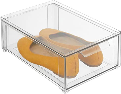 mDesign Plastic Closet Organizer Bin w/Pull Out Drawer - Shallow Stackable Storage for Closet - Organization for Shoes, Clothes, Bags, Totes, and Small Linens - Lumiere Collection - Clear
