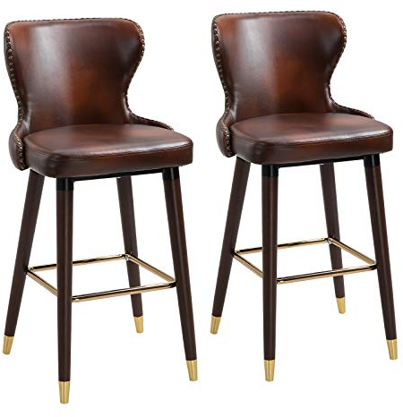 HOMCOM 2er-Set Barhocker mit Fußstütze, Barstuhl mit Rückenlehne, Bistrohocker, Esszimmerstuhl, Tresenhocker, Kunstleder, Braun, 52 x 53 x 101 cm