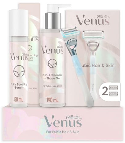 Gillette Venus Shaving Set for Pubic Hair and Skin, 1 Venus Handle, 2 Razor Blades, 2 in 1 Cleanser and Shaving Gel for Women, 190 ml, Soothing Serum for Intimate Care 50 ml