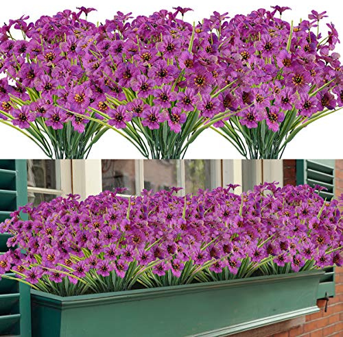Honsoste Künstliche Blumen 16 Bündel im Freien UV-beständig gefälschte Blumen kein Verblassen Faux Kunststoff Greenery Sträucher Garten Veranda Fenster Box dekorieren (Violett)