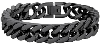PROSTEEL Bracciale Uomo a Catena Cubana Grossa Robusta Braccialetto Uomo Catena Acciaio Inossidabile, Lunghezza 19 cm, Larghezza 12 mm, Nero, con Confezione
