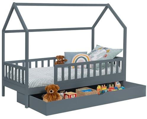 IDMarket – Cama cabaña infantil 80 x 160 cm, color gris con 1 cajón nido y almacenamiento