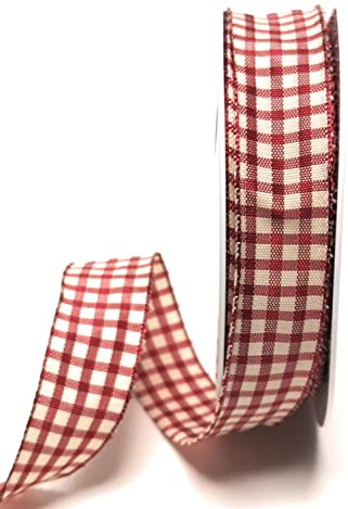 s.dekoda Schleifenband 20m x 25mm Weinrot - Beige Karoband kariert Vichykaro Dekoband mit Draht [3850]