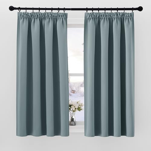 PONY DANCE Pencil Pleat Curtains - Soft Thermal Insulated Blackout Curtain Panels for Home Decoration Room Darkening Drapery for Bedroom, Greyish Blue, 2 Panels, W46 X L54