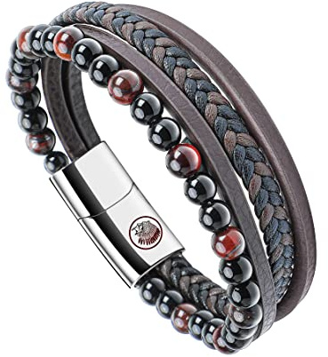 Casisto.J Läderarmband för män, flätade läderpärlor, rostfritt stål, svart, brun, blå, med magnetlås, enkel förpackning, 20, Läder