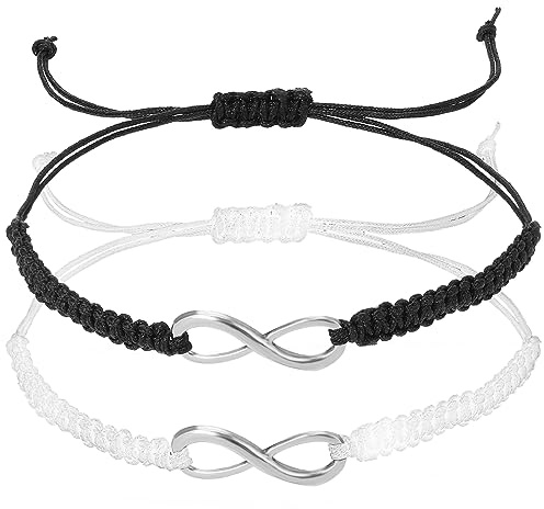 ASTER 2 Pezzi Braccialetto Intrecciato con Simbolo Infinito, Bracciale per Coppia Infinity Bracciale Regalo Regolabile in Bianco e Nero