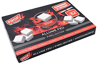 PROF Lot de 32 Cubes Allume-Feu Ultra Efficaces, Allumage Sûr et Rapide, Combustion Longue Durée, Économique, Idéal pour Cheminée, Barbecue, Poêle à Bois, Survie et Plein Air, 40807014
