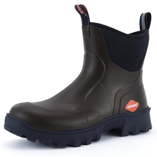 Showave Men's Short Rubber Boots Waterproof Rain Boots Insulated Working Booties with Comfortable Sports Sole, Brown,Size 7