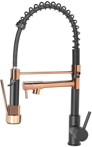 EGTink Kitchen Sink Mixer Tap, 360° Swivel, 2 Spray Modes, Black+Rose Gold