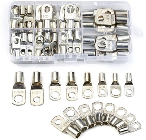 60/240PCS Cable Shoes Lugs 35mm2 Cable Tinned Copper Lug Ring Wire Connectors Bare Terminals Lugs Wire Copper Ring Terminal Kit (Color : 70pcs silver)