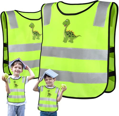 2 chalecos reflectantes para niños, chaleco de seguridad para niños, transpirable y universal, chaleco reflectante ligero, ideal para escuelas, deportes y seguridad de dinosaurios verdes para niños