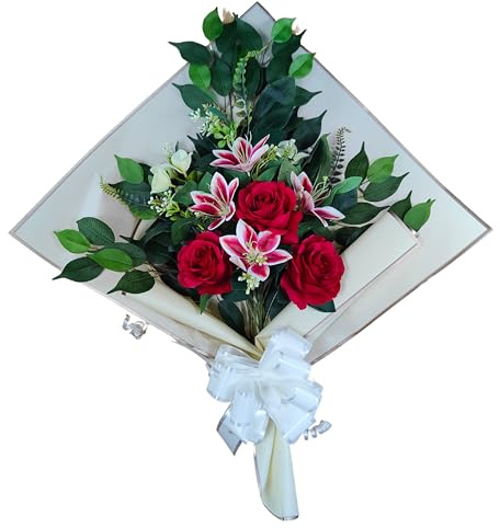 DRW Ramo de Flores para Cementerio Ramo Flores Artificiales con Jarron para Meter en el Bote del Jarron 78x63x20 cm (Lirios y Rosas fucsias)