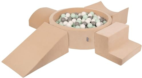 KiddyMoon Parque Terciopelo Infantil De Espuma con Rodondo Piscina De Bolas Piscina (300 Bolas) + Version 5 para Niños, Beige De Arena: Blanco/Gris/Menta