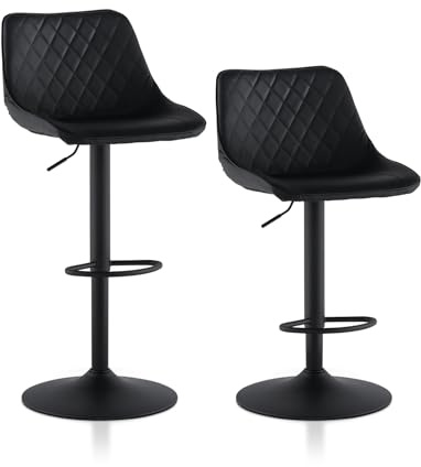 TUKAILAI Barhocker 2er-Set, Barstuhl aus Kunstleder glänzend mit Rückenlehne, Drehstuhl, moderner Küchenhocker mit Fußstütze Frühstücksbarhocker, 360° drehbar, höhenverstellbar,Fußstütze,Schwarz