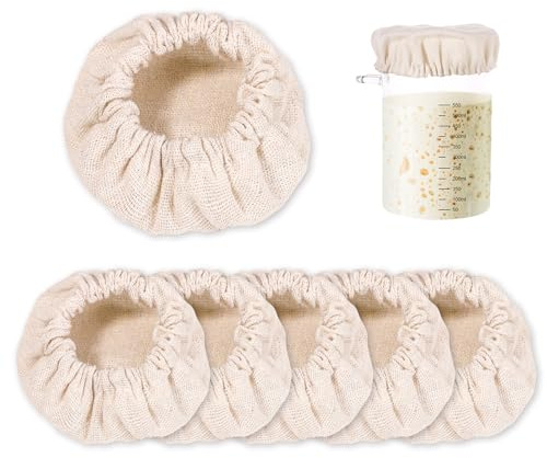 6pcs Sourdough Starter Jar Cloth Covers, Cotton Bread Fermentation Cover Elastic Cloth Jar Covers Unbleached Reusable Cloth Lid/Cap Sourdough Proofing Bowl Cover Baking Supplies for 3-4 Inch Jar Mouth