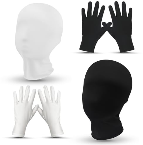 GLGHMH Full Face Mask Set, 2pcs Morph Face Cover with 4pcs Gloves, Faceless Skin Masks Halloween Dress Up for Halloween Cosplay Party Costume Unisex Men Women(Masks+Gloves-Black+White)