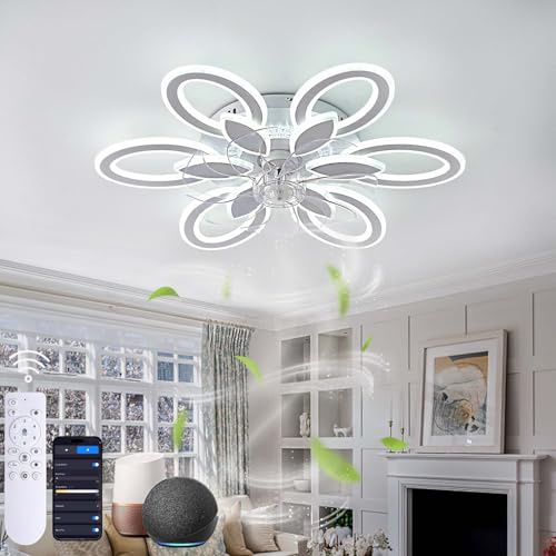 Dobecd Deckenventilator Mit Beleuchtung Alexa Kompatibler Weißer LED Lampe Mit Ventilator Tuya Smart App Google Assistant Ventilator Lampe Decke Modern Dimmbar Memory Funktion Leise Umkehrba