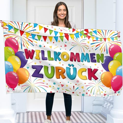 Willkommen Zurück Banner 150 x 90 cm – Herzlich Willkommen Girlande – Willkommen Zuhause Deko – Lebendiger Digitaldruck – 110 Den Polyester – Doppelnaht (Weiß)